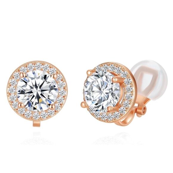 Rose Gold with White Diamond AAA Cubic Zirconia Round Stud Clip On Earrings - Picture 1 of 7